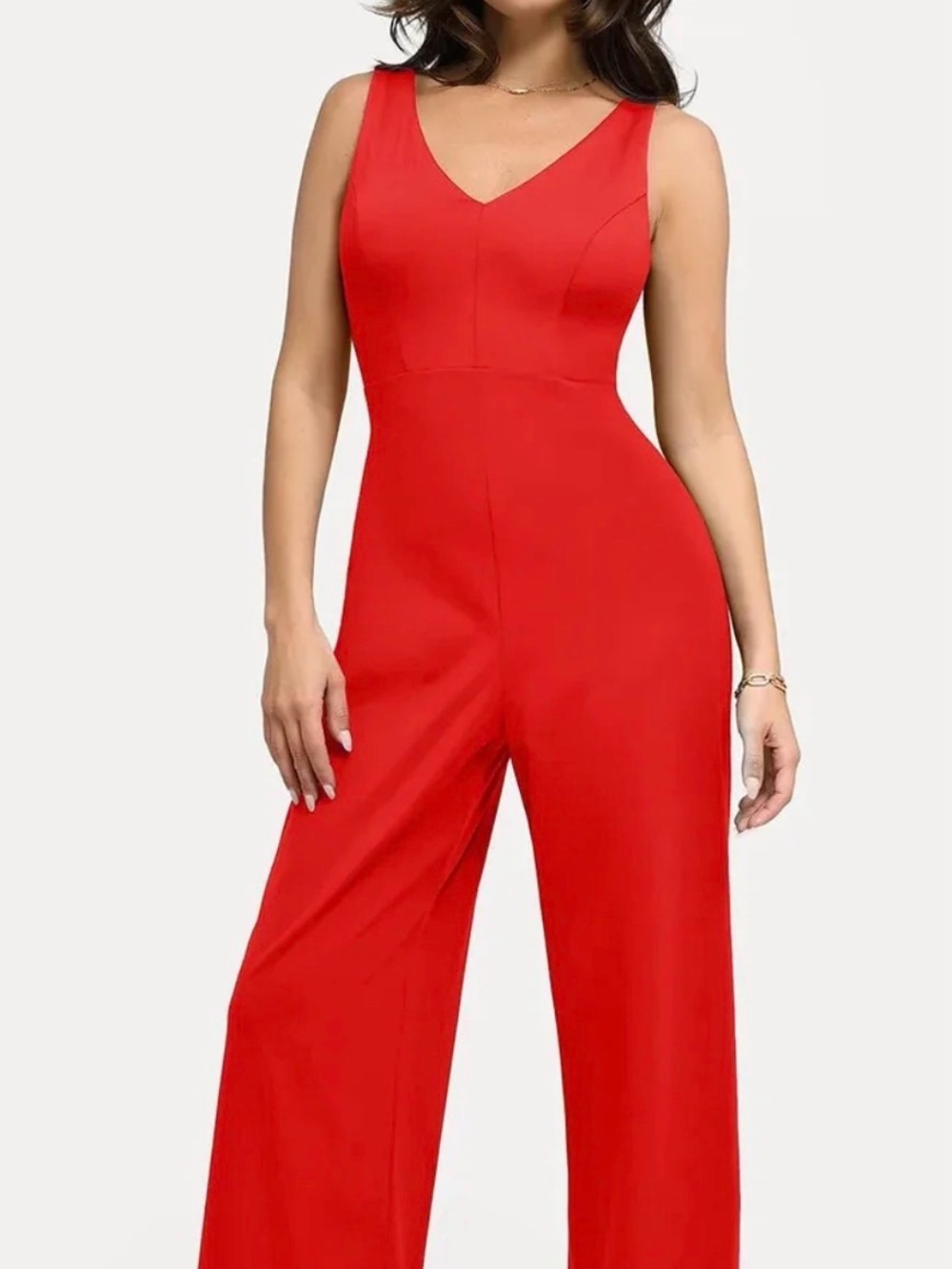 Popilush Red V-Neck Wide-Leg Jumpsuit w/ shapewear Sz S